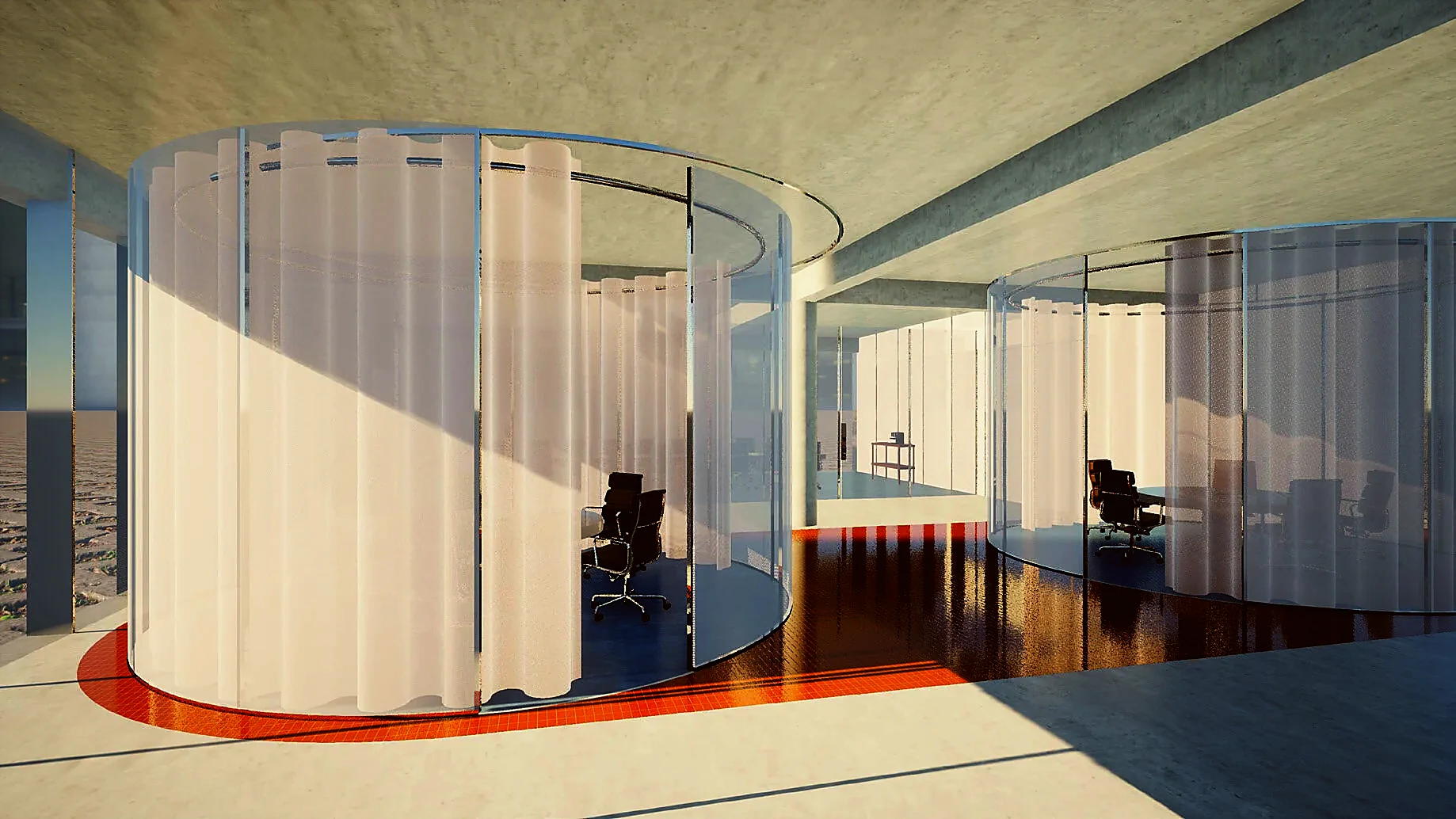 Workplace interior with curved meeting volumes, soft colour and layered translucency