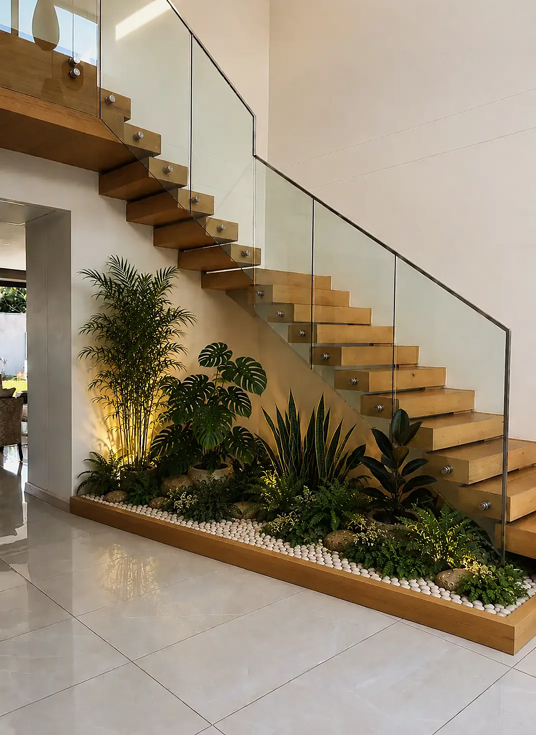 Contained garden beneath a stair, lit softly, Valabh Residence